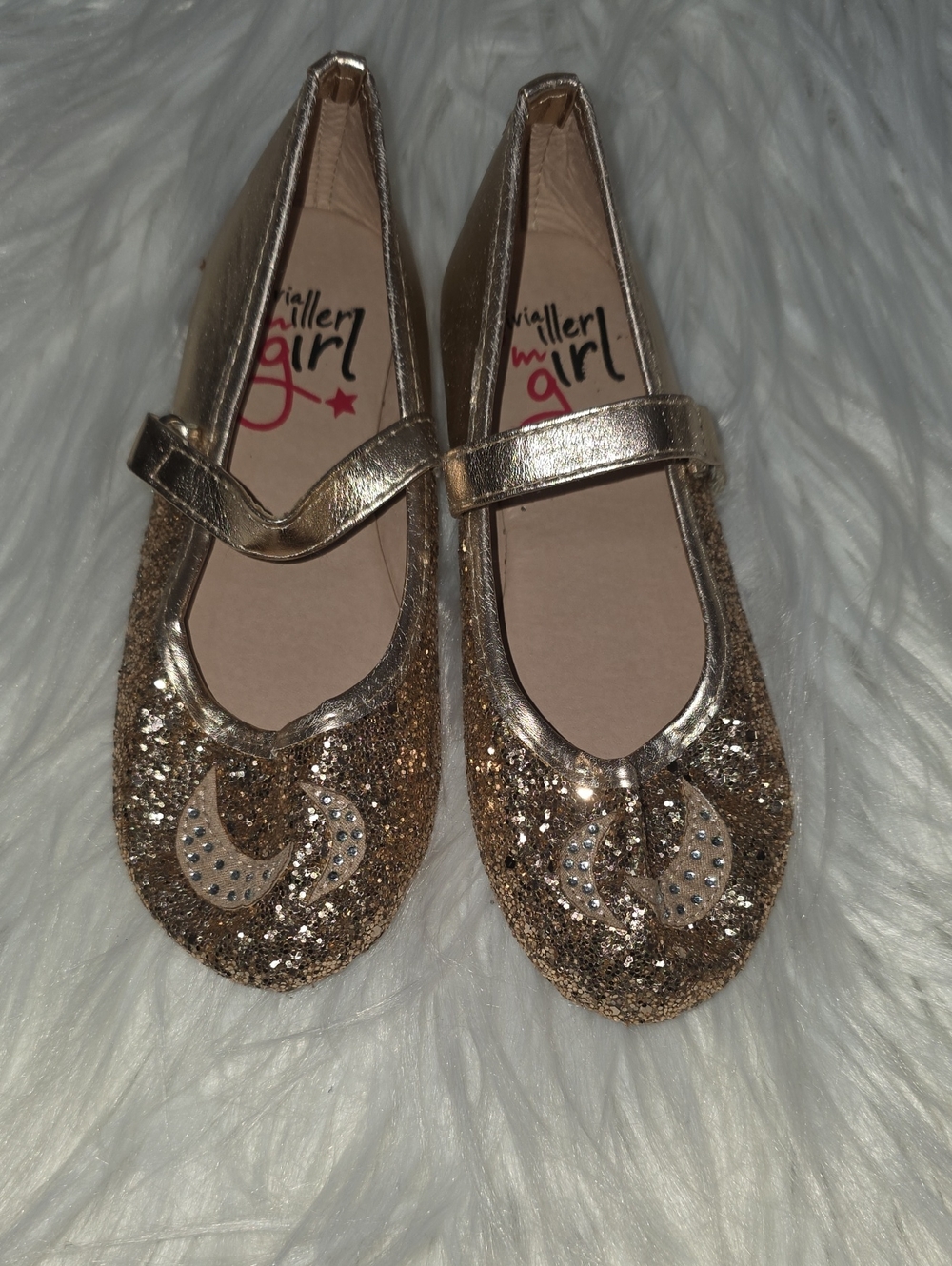 Olivia Miller Girl Gold Glitter Mary Janes with Moon Accent